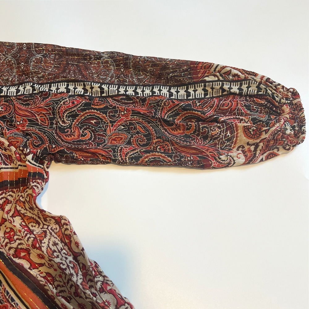 Zara Women L Tie Neck Peasant Blouse Paisley Patchwork Top Burgundy Gold Boho - Picture 6 of 11